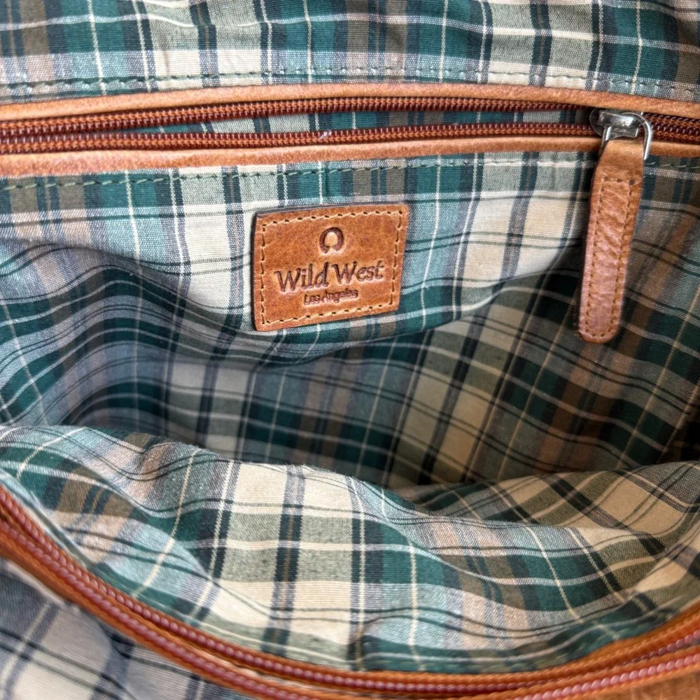 Wild West Los Angeles Leather Backpack Plaid Lining Buckle Pocket